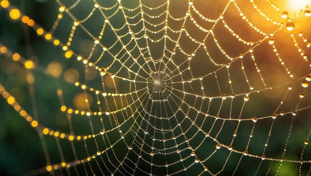 Delicate spider web glistening with dew drops in the warm glow of the early morning sun over a peaceful garden landscape