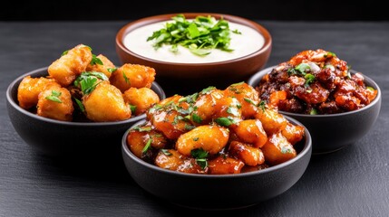 A variety of flavorful Indian snacks served with yogurt dip.