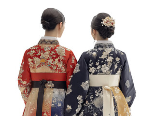 Fototapeta premium Traditional Korean Hanbok Wedding Attire in Elegant Setting