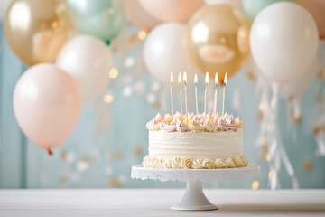 beautifully decorated birthday cake with lit candles, surrounded by pastel balloons and festive decor, creating joyful celebration atmosphere