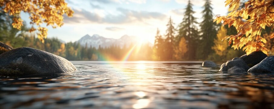 Experience the serenity of nature with a calm rainbow reflection shimmering on a peaceful lake, under a clear sky Witness the vibrant colors of autumn leaves reflected in the water, mountains in the