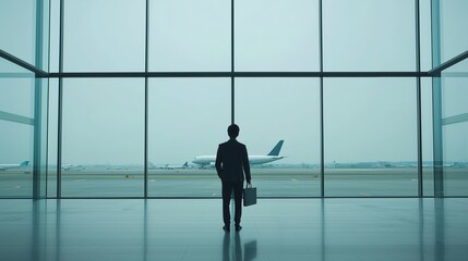 Businessman Looking Out at Airport Runway Through Large Windows