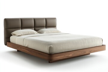 Modern bed design features sleek wooden base and padded headboar