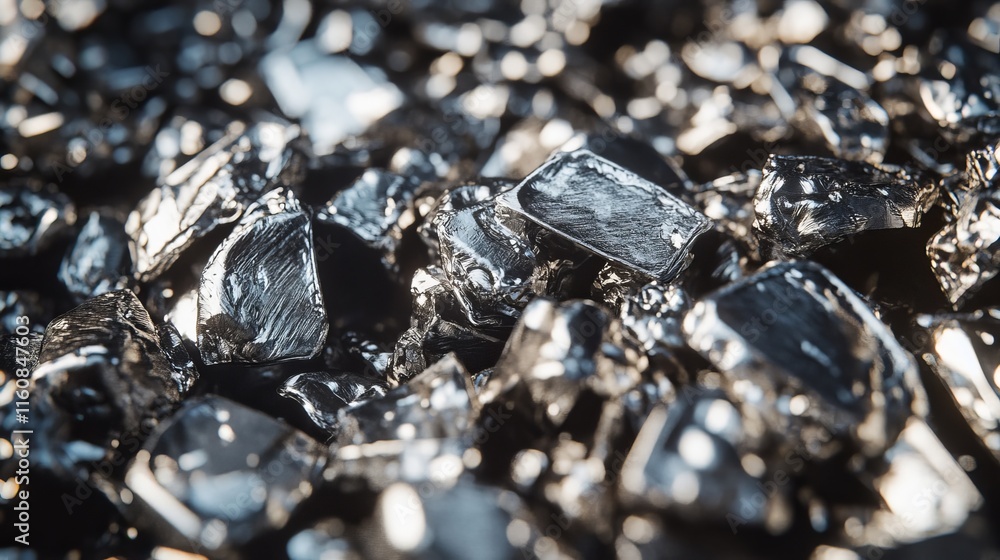Poster shiny metallic fragments scattered on a surface reflecting light, showcasing intricate details of va