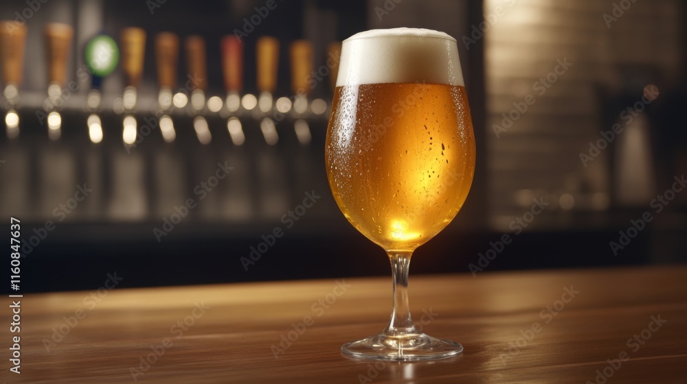 Poster golden beer in elegant glass on bar counter with soft focus background