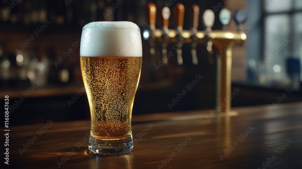 Poster refreshing pint of cold beer with foam on bar counter