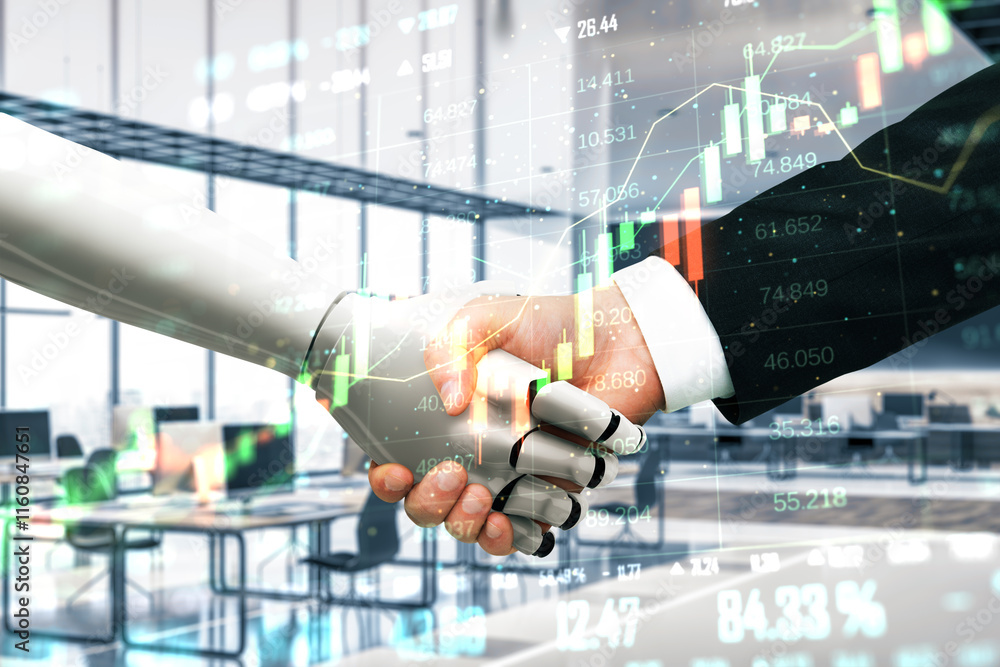 Poster human and robotic handshake with financial graphs on office background, symbolizing ai integration i