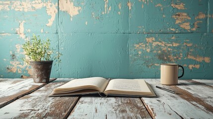 Cozy Workspace with Open Book, Cup and Potted Plant on Table