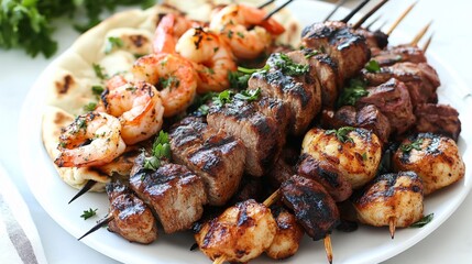 Grilled Meat and Seafood Skewers on a White Plate with Herbs