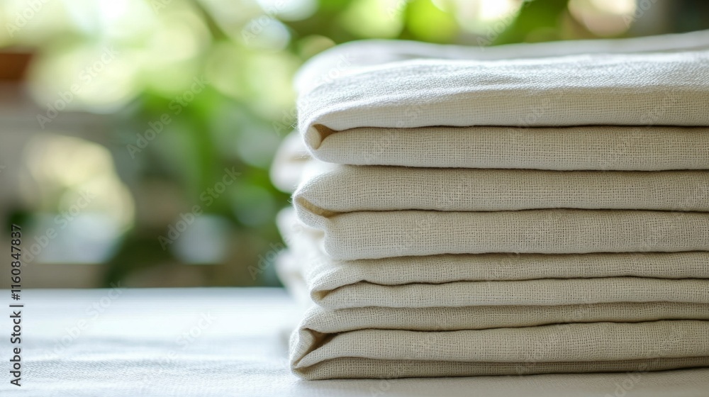 Poster soft natural fabric stacks showcasing neatly folded textiles on a table with a blurry greenery backg