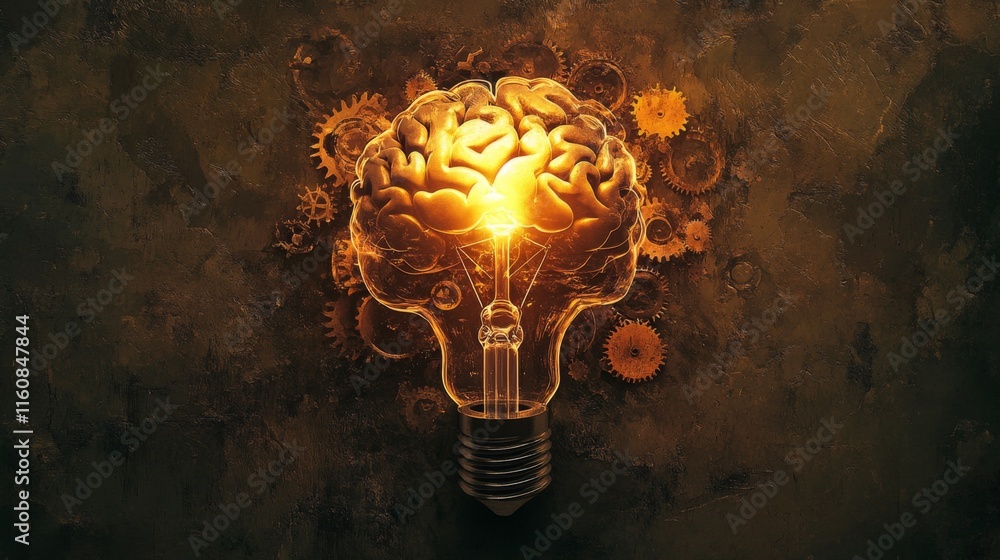 Poster creative concept of brain inside a light bulb with gears