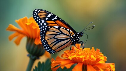 Obraz premium Delicate monarch butterfly resting gracefully on vibrant marigold blossoms in a serene garden during a soft afternoon light