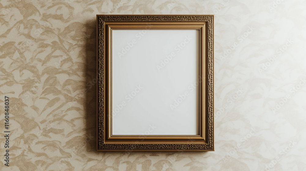 Poster elegant empty frame on patterned wall in a well-lit room for potential artwork display