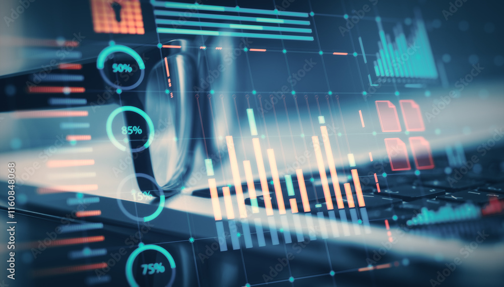 Aufkleber financial charts and data overlay on a blurry background of glasses and a keyboard, showcasing a mod