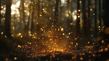 Glowing embers and sparks rise from a campfire in a dark forest at sunset.
