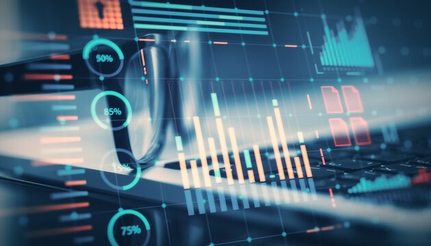 Financial charts and data overlay on a blurry background of glasses and a keyboard, showcasing a modern market analysis concept.