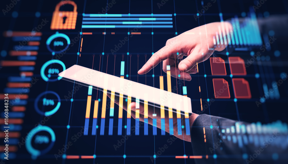 Leinwandbilder interactive digital interface with financial graphs and charts on tablet screen in business setting.