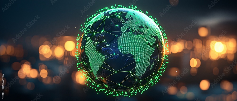 Poster digital footprint. digital globe with interconnected nodes and glowing green accents against a blurr