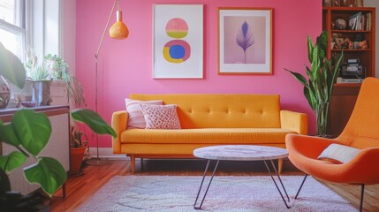 A modern living room setup with a vibrant pink wall, a cozy orange chair, a low-profile sofa, and eclectic decor for a cheerful mood.
