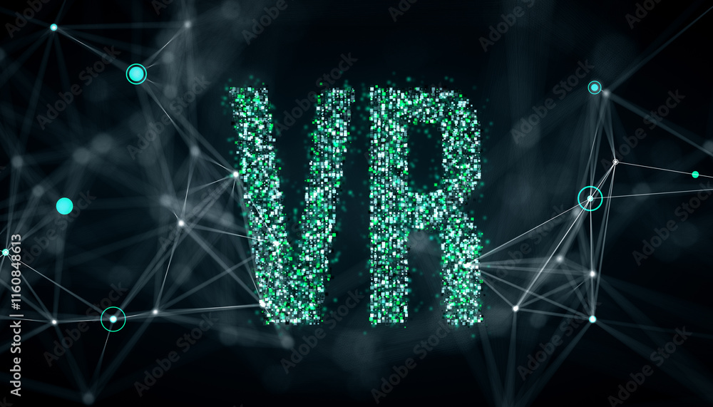 Poster VR concept with glowing pixelated letters and connected network lines on a black digital background. 3D Rendering