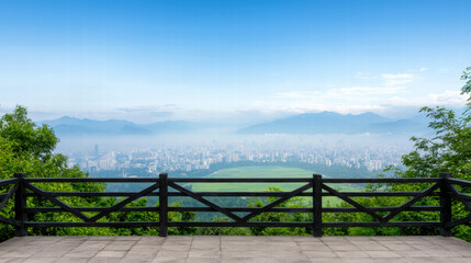 Fototapeta premium Climate change ecosystem global crisis. Scenic view from a wooden balcony