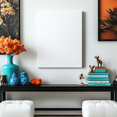 modern living room scene featuring plain white canvas wall, surrounded by decorative elements like colorful vases, books, and small sculptures. vibrant colors and arrangement create stylish