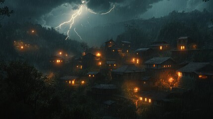 Stormy night in a mountain village with lightning.