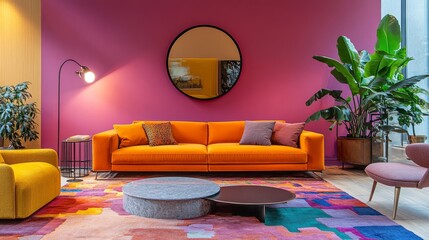 A trendy interior with a bold pink wall, a striking orange armchair, a sleek sofa, and a multicolored rug for a vibrant atmosphere