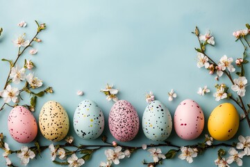Colorful decorated eggs arranged with cherry blossom branches on a pastel blue background for a festive spring celebration