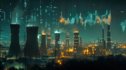 Night industrial cityscape with data streams.