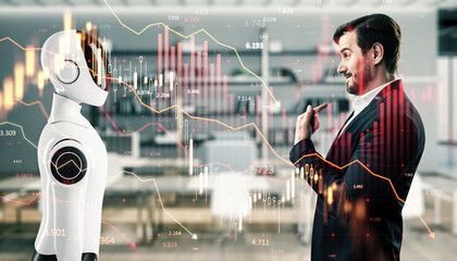 Businessman interacting with a robot, overlayed with financial charts in an office, modern technology and finance concept.
