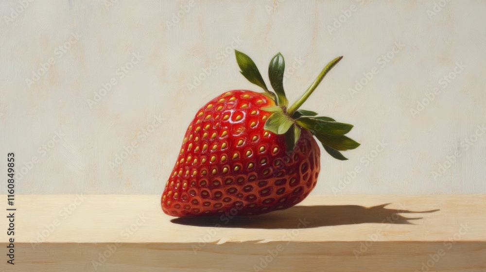 Poster Fresh Strawberry on Wooden Surface with Soft Shadow Play
