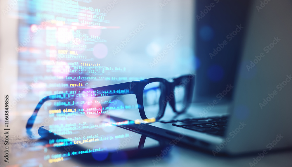 Poster closeup of glasses, laptop, and smartphone on a desk with computer code overlay, abstract background