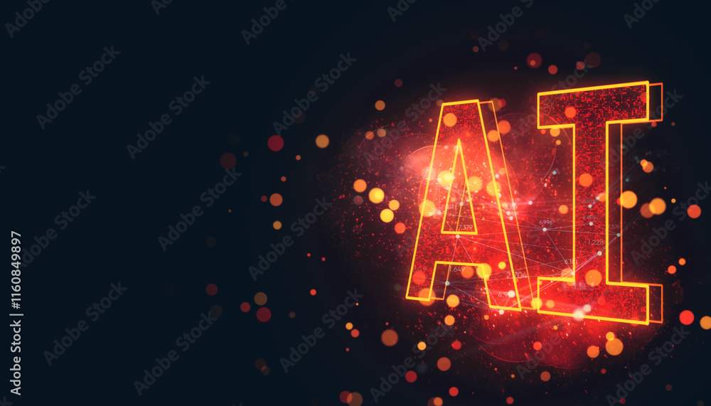 Aufkleber Neon AI text with glowing orange lights and bokeh effects on a dark background. 3D Rendering