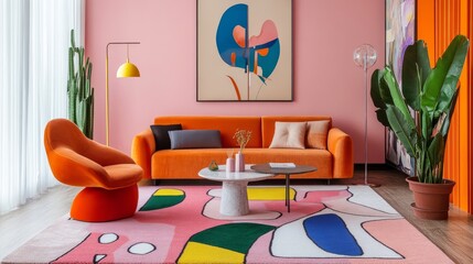 A vibrant living room with a pink wall backdrop, modern furniture, a bright orange chair, and a rug featuring playful, abstract designs