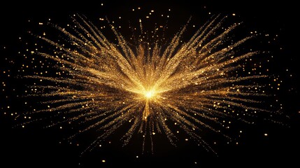 Golden burst of light and sparkles on black background.