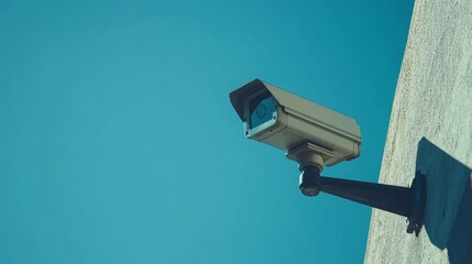 Surveillance Camera on Wall Against Bright Blue Sky Background