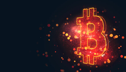 Neon bitcoin symbol glowing in orange with digital bokeh pattern on dark background. Modern blockchain finance concept. 3D Rendering