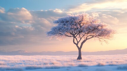Solitary snow-covered tree at sunset in a frozen field.