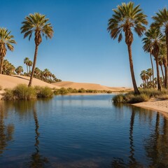 Obraz premium A lake at the edge of a desert oasis, surrounded by palm trees, golden sand dunes, and a brilliant blue sky.