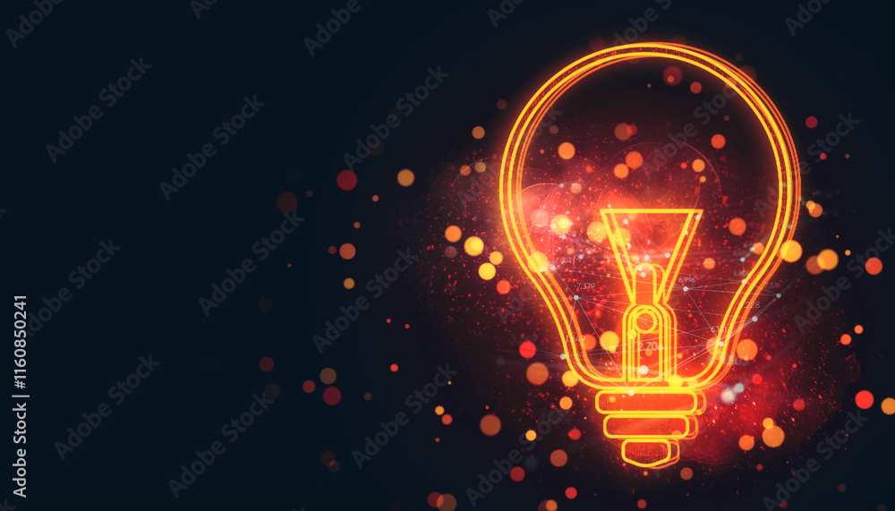 Poster Glowing orange neon lightbulb icon with abstract bokeh and sparkles on dark background. Symbol of creativity, innovation, and ideas. 3D Rendering