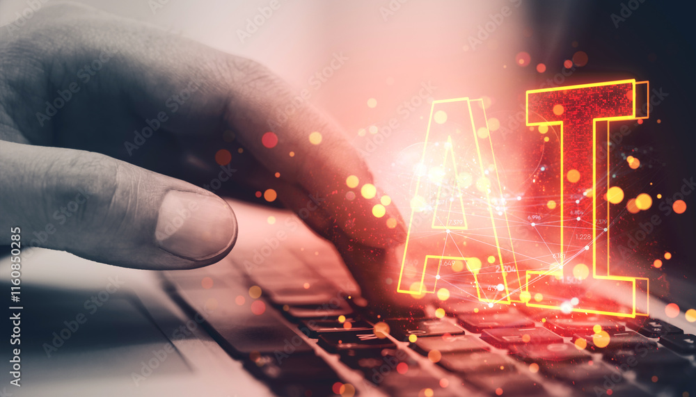 Aufkleber hand typing on laptop keyboard with glowing ai text and digital elements, concept of artificial inte