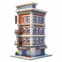 Fototapeta premium Colorful Urban Building with Fire Escape and Rent Signage