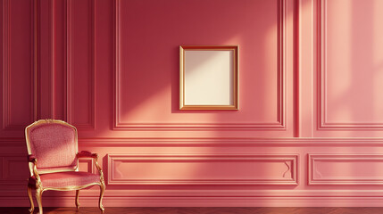 Interior with pink walls and a vintage chair near an empty frame during golden hour