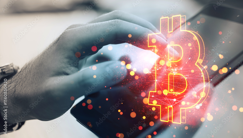 Poster Hand interacting with a tablet displaying a glowing Bitcoin symbol in a digital environment.