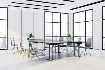Modern conference room with glass walls, large table, and chairs in a bright and luxurious office interior with city view. 3D Rendering