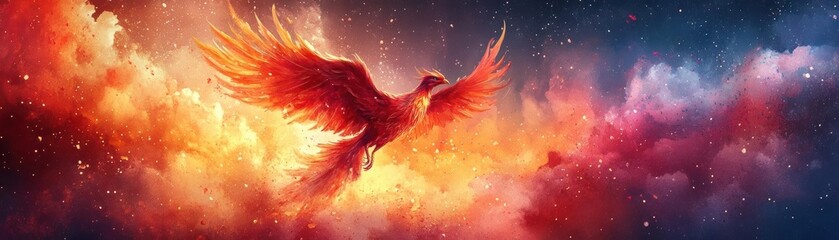 Fototapeta premium Create a captivating illustration of a majestic Phoenix rising from the ashes, symbolizing rebirth and transformation, rendered in vibrant watercolors