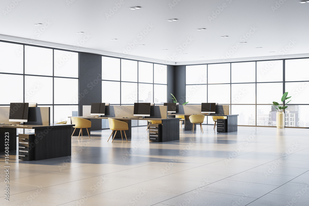 Poster modern open office space with large desks, yellow chairs, and panoramic windows offering a city view