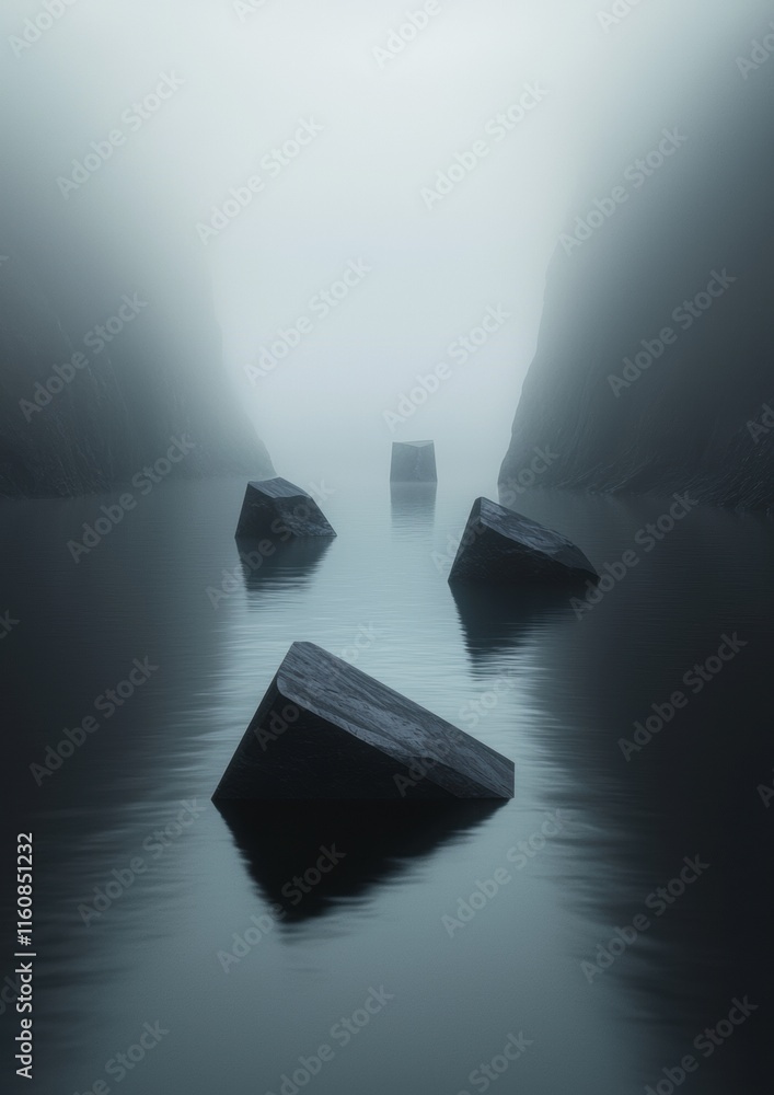 Poster a series of three large rocks float in a body of water