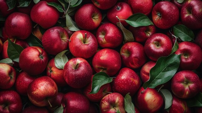 Red apples and green leaves background.